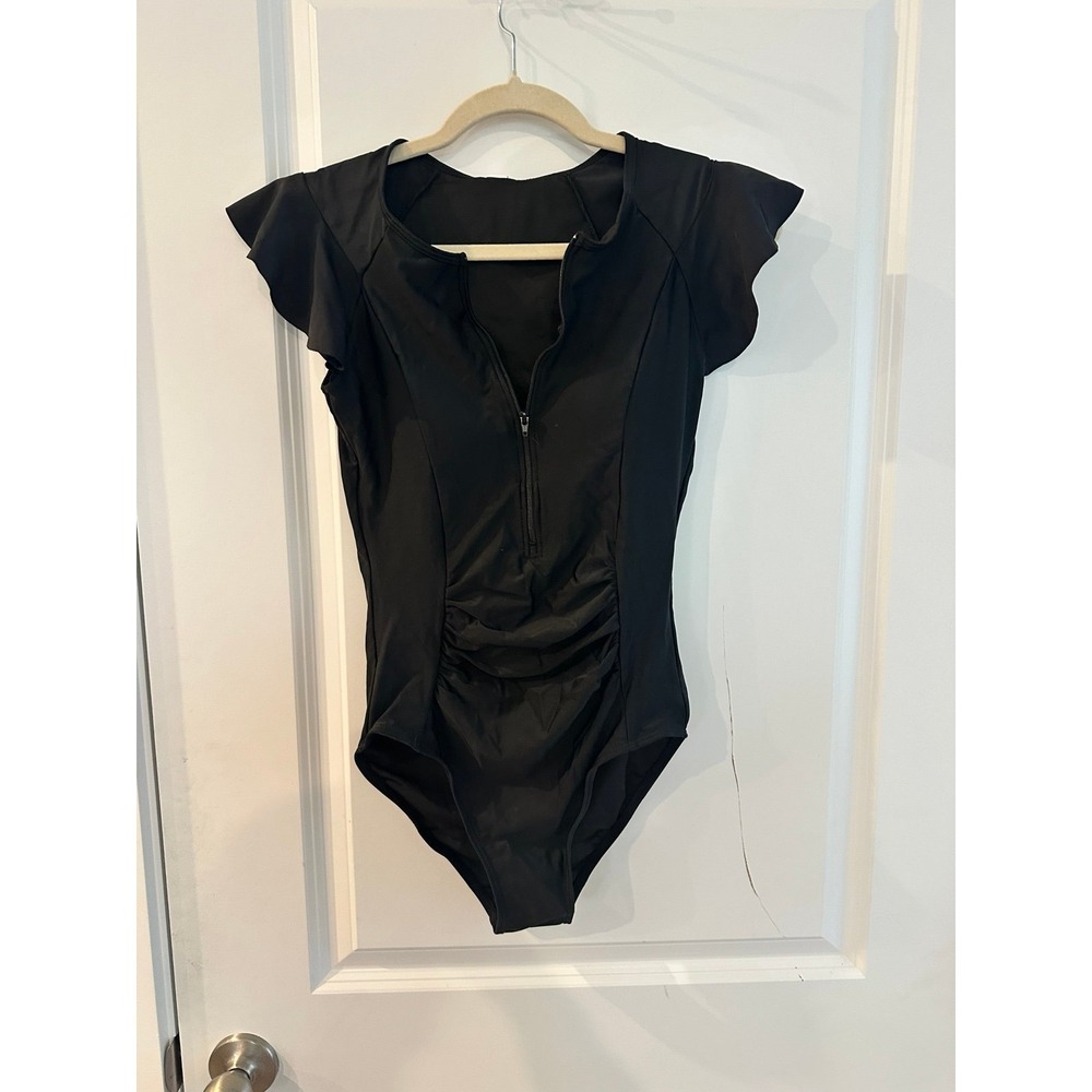 One Piece Black Swimsuit Zipper Front size XS Tropical Resort NWT